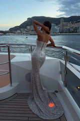 Glamorous V-Neck Sleeveless Mermaid Sequins Prom Dresses Column Gem With Lace-Up Back