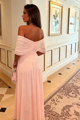 Pretty Pink Off The Shoulder Chiffon Prom Dresses Long With Pleats Zipper