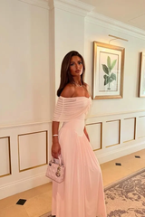 Pretty Pink Off The Shoulder Chiffon Prom Dresses Long With Pleats Zipper