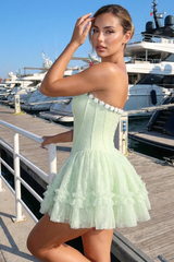 Charming Light Mint Green Sweetheart Strapless Sleeveless Lace Homecoming Dresses Mini With Pleats