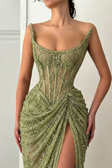 Charming Green Strapless Sleeveless Mermaid Prom Dresses Sheath With High Split