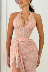 Elegant Dusty Rose Halter Sleeveless Lace Prom Dresses Mermaid Sheath With High Split