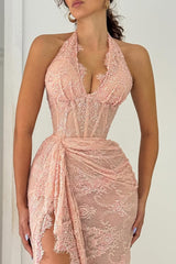 Elegant Dusty Rose Halter Sleeveless Lace Prom Dresses Mermaid Sheath With High Split