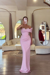 Charming Pink One Shoulder Satin Mermaid Prom Dresses Sheath With Beads