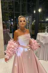Timeless Pink Strapless Sleeveless Satin Prom Dresses Floor Length With Pleats Feather