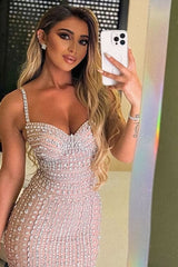 Dazzling Sweetheart Spaghetti-Straps Sleeveless Mermaid Prom Dresses Column Crystals With Split