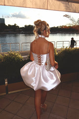 Pretty White Strapless Sleeveless Satin Homecoming Dresses Mini With Lace-Up Back