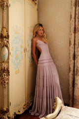 Charming Lilac V-Neck Spaghetti-Straps Sleeveless Prom Dresses Backless With Pleats