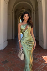 Graceful Sage One Shoulder Sleeveless Satin Mermaid Prom Dresses Column With Lace-Up Back