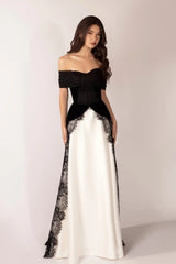 Timeless Black White Off The Shoulder Prom Dresses Floor Length With Pleats