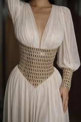 Glamorous V-Neck Long Sleeves Chiffon Prom Dresses Floor Length Gem With Pleats