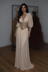 Glamorous V-Neck Long Sleeves Chiffon Prom Dresses Floor Length Gem With Pleats