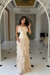 Elegant Strapless Sleeveless Chiffon Prom Dresses Floor Length With Pleats