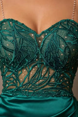 Graceful Green Sweetheart Spaghetti-Straps Sleeveless Satin Prom Dresses High Split Gem With Zipper