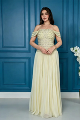 Glamorous Daffodil Off The Shoulder Chiffon Prom Dresses Gem Floor Length With Pleats