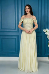 Glamorous Daffodil Off The Shoulder Chiffon Prom Dresses Gem Floor Length With Pleats