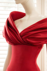 Elegant Red Off The Shoulder Satin Prom Dresses A-Line With Pocket Pleats