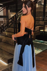 Elegant Black Blue Strapless Sleeveless A-Line Prom Dresses Floor Length With Pleats