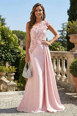 Graceful Pink One Shoulder Satin Prom Dresses Mermaid Column With Flower Zipper