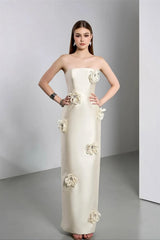Glamorous Strapless Sleeveless Satin Prom Dresses Sheath With Zipper Flower