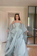 Charming Dusty Blue Sweetheart Strapless Chiffon Prom Dresses A-Line With Lace-Up Back