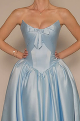 Graceful Sky Blue Strapless Sleeveless Satin Prom Dresses Ankle Length Pocket With Lace-Up Back