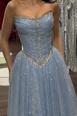 Dazzling Blue Strapless Sleeveless Prom Dresses A-Line Gem With Pleats