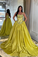 Charming Spaghetti-Straps Sleeveless Satin Prom Dresses A-Line Gem With Lace-Up Back