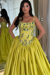 Charming Spaghetti-Straps Sleeveless Satin Prom Dresses A-Line Gem With Lace-Up Back