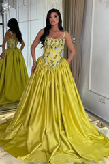Charming Spaghetti-Straps Sleeveless Satin Prom Dresses A-Line Gem With Lace-Up Back