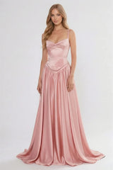 Timeless Dusty Rose Spaghetti-Straps Sweetheart Sleeveless Satin Prom Dresses Floor Length With Lace-Up Back