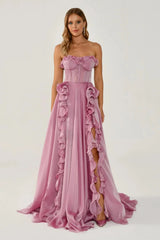 Charming Strapless Sleeveless A-Line Prom Dresses High Split With Lace-Up Back