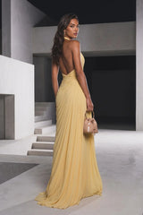 Elegant Daffodil Halter V-Neck Sleeveless Chiffon Prom Dresses Backless High Split With Pleats