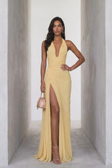 Elegant Daffodil Halter V-Neck Sleeveless Chiffon Prom Dresses Backless High Split With Pleats