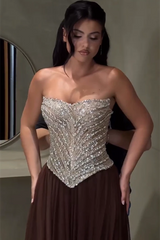 Charming Brown Sweetheart Strapless Sleeveless Chiffon Prom Dresses Gem With Lace-Up Back
