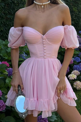 Dazzling Pink Sweetheart Off The Shoulder Chiffon Homecoming Dresses Mini With Pleats