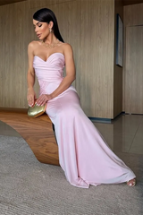 Elegant Pink Sweetheart Strapless Sleeveless Satin Mermaid Prom Dresses Column With Zipper
