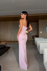 Elegant Pink Sweetheart Strapless Sleeveless Satin Mermaid Prom Dresses Column With Zipper