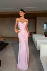 Elegant Pink Sweetheart Strapless Sleeveless Satin Mermaid Prom Dresses Column With Zipper