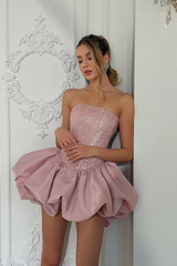 Graceful Dusty Pink Strapless Sleeveless Homecoming Dresses Mini With Lace-Up Back