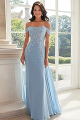 Timeless Sky Blue Off The Shoulder Chiffon Prom Dresses Mermaid Sheath With Pleats