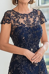Romantic Dark Blue Short Sleeves A-Line Prom Dresses Floor Length With Beads Pleats