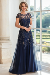 Romantic Dark Blue Short Sleeves A-Line Prom Dresses Floor Length With Beads Pleats