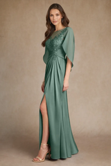 Luxury Dusty Sage Short Sleeves Satin Prom Dresses High Split With Zipper Pleats