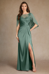 Luxury Dusty Sage Short Sleeves Satin Prom Dresses High Split With Zipper Pleats