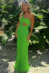 Chic Green Asymmetrical Sleeveless Prom Dresses Floor Length Column With Pleats