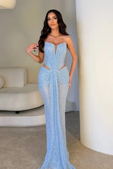 Charming Sky Blue Strapless Sleeveless Mermaid Prom Dresses Column With Pleats