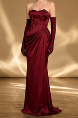Romantic Dark Red Strapless Mermaid Satin Prom Dresses Floor Length Beads With Zipper Gloves