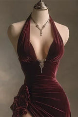 Charming V-Neck Sleeveless Velvet Prom Dresses Side Split With Pleats