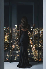 Elegant Black Long Sleeves Satin Lace Mermaid Prom Dresses Sheath With Pleats